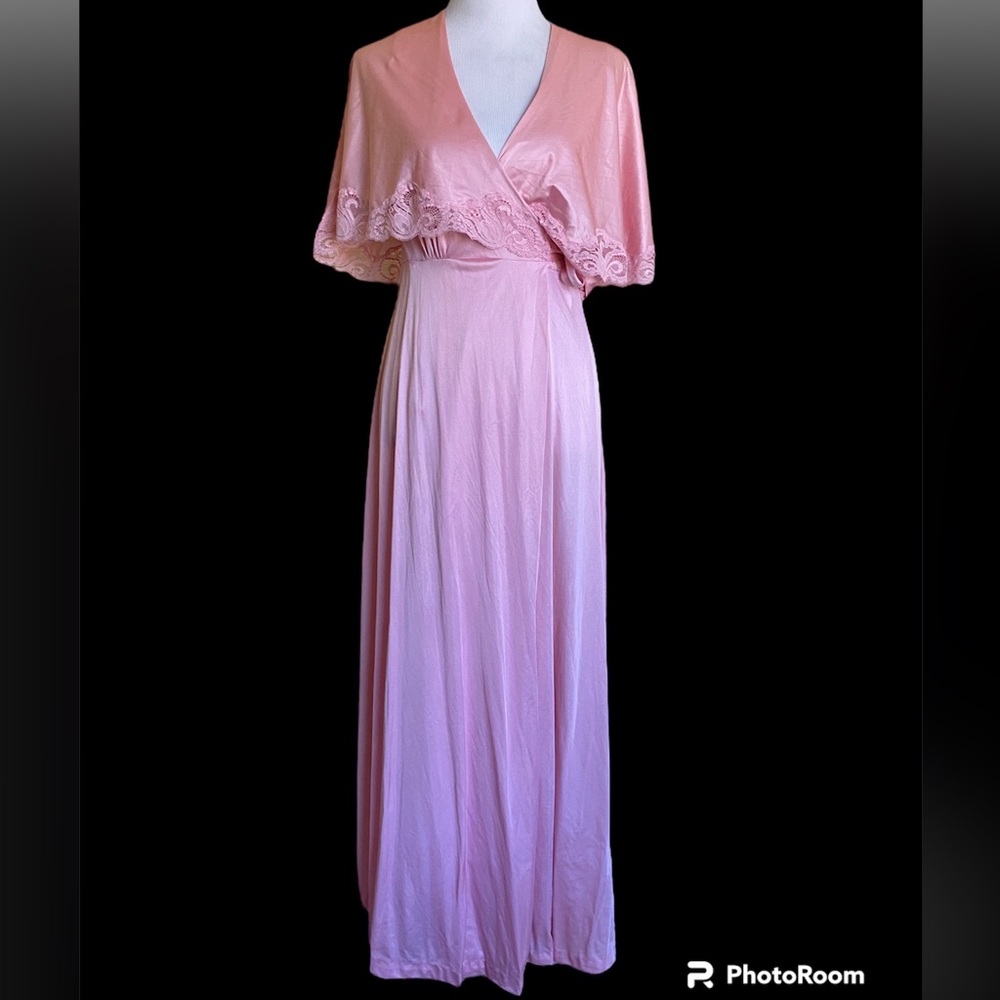 Vintage 1970s rose barbie pink wrap evening gown with lace cape capelet M